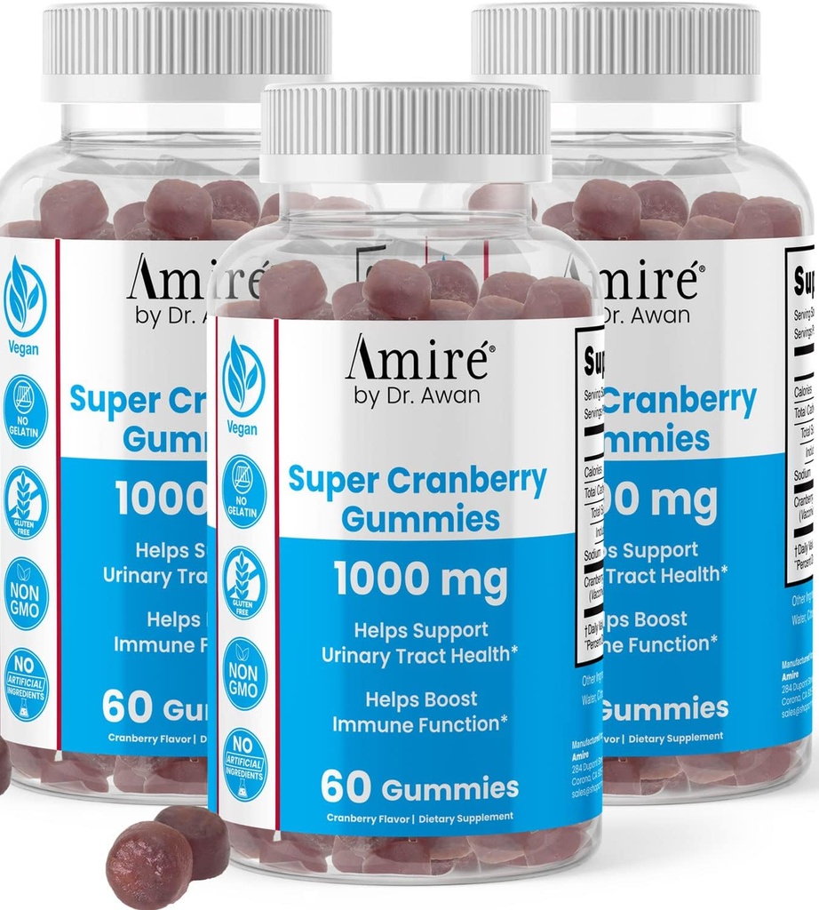 Amire del Dr. Awan Super Cranberry Gummies, aiuta a sostenere la salute del tratto urinario, aiuta Boosts funzione immunitaria, gelatin-Free Cranberry Chews for Men & Women, 180ct, 90-Day Supply