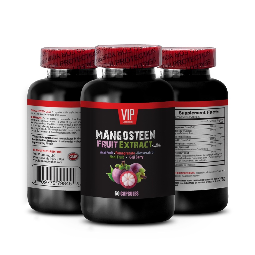 VIP VITAMINS Mangosteen, Estratto di mangosteen - Estratto di frutta di mangosteen - Acai Berry, Goji Berry, Pomegranate, Noni, Trans-Resveratrolo, Frutta di sambuco, Pelle di Uva - 1 Bottiglia 60 Capsule