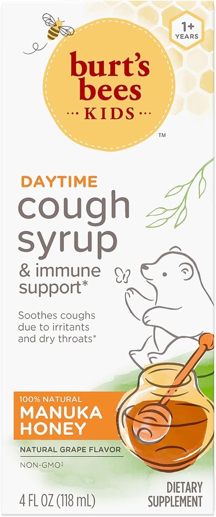 Burt's Bees Kids Daytime Cough Syrup and Immune Support, Natural Grape Flavor, Supplemento dietetico, 4 Fl Oz