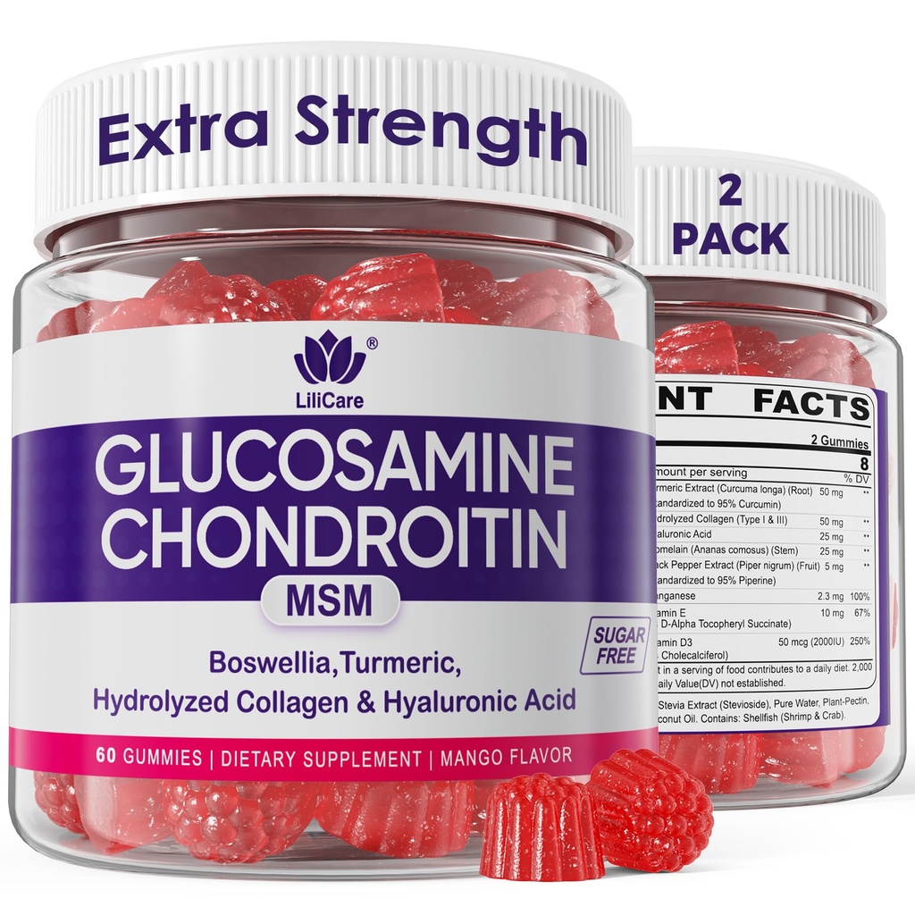 Glucosamina Condroitin Gummies, Zucchero Glucosamina Senza Glucosamina Integratore MSM, Resistenza Extra con Boswellia Turmeric, Collage idrolizzato & Acido Ialuronico, Salute Bone per Uomini & Donne, 120 Ct