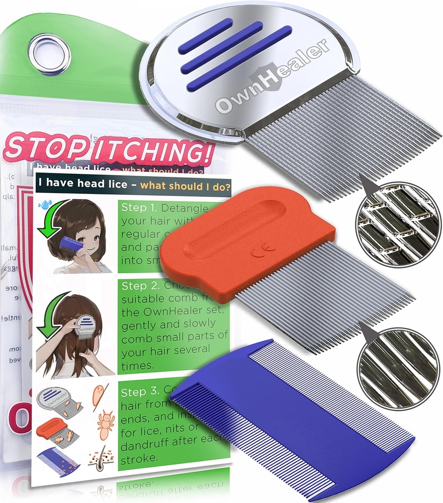 OWNHEALER Professional Lice Comb Kit - per Lice, Nits e rimozione Dandruff. Risultati rapidi per il trattamento dei pidocchi - adatto per tutti i tipi di capelli. Peine para piojos y liendres.