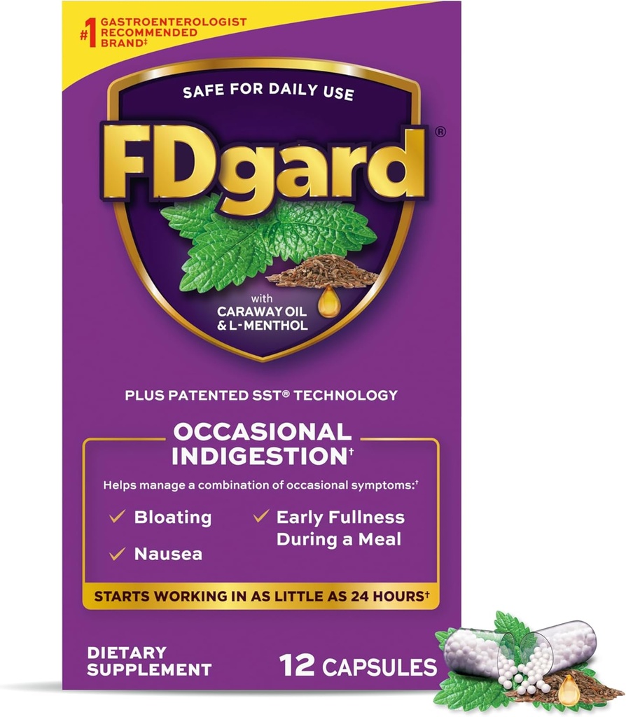 FDgard Gut Health Supplement, Indigestione, Nausea & Bloating, Upset Stomach, 12 capsule