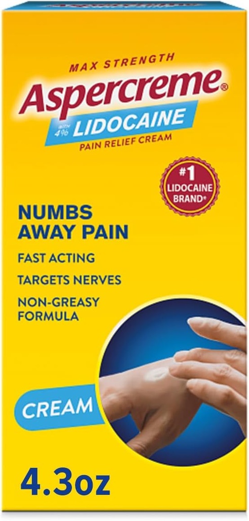 Aspercreme crema di sollievo del dolore lidocaina Soothes nervi aggravati, Numbing Topical Analgesic con Max-Strength 4% lidocaina e idratante Aloe, 4.3 Oz.