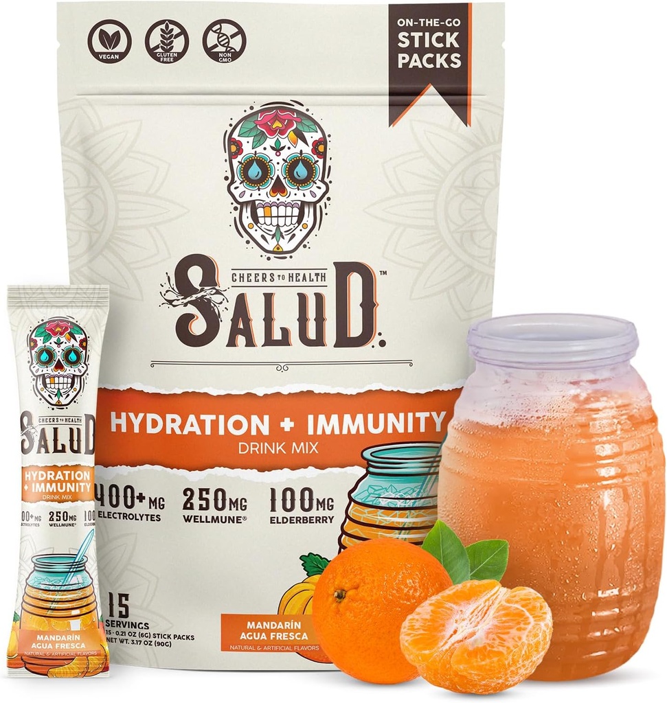 Salud 2-in-1 Idratazione Packets + Immunity Electrolytes Powder, Mandarin - Agua Fresca Drink Mix, Elderberry, Dairy & Soy Free, Non-GMO, Gluten Free, Vegan, Bassa Calorie, 1g Zucchero (15 Serve)