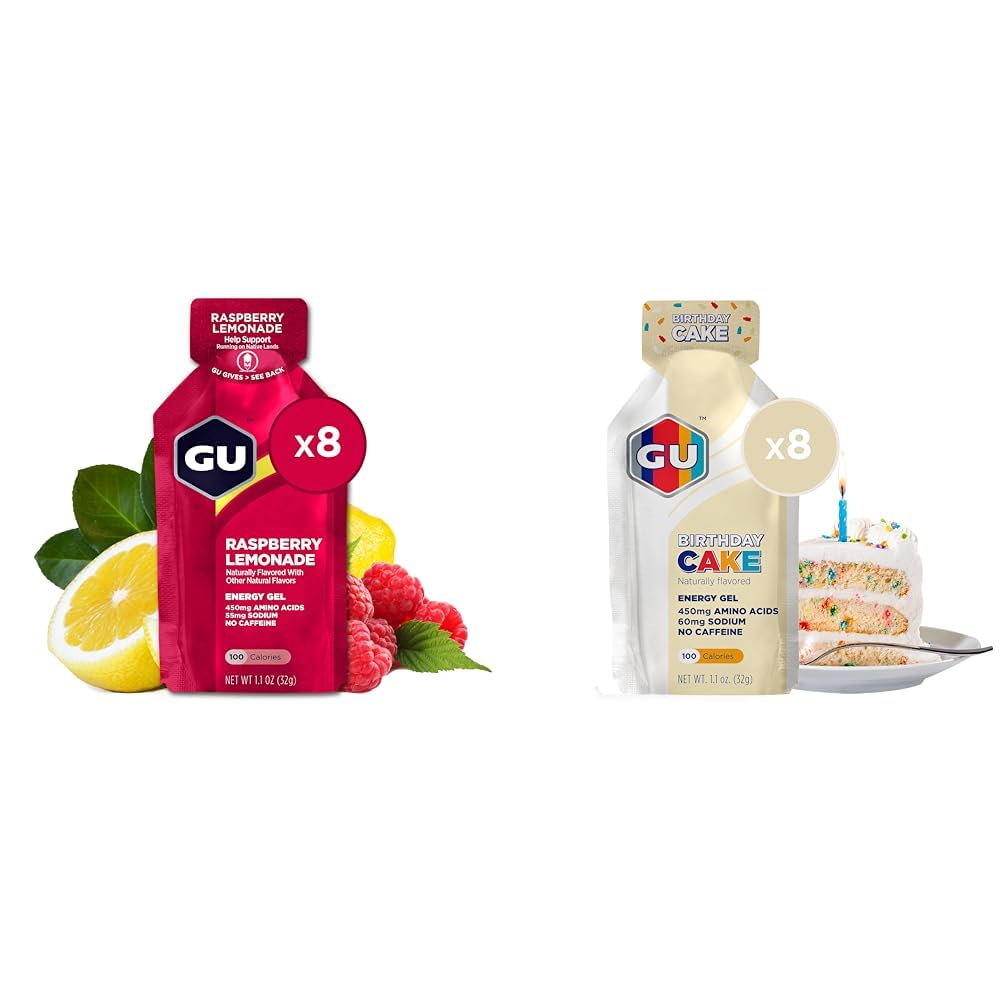 GU Energy Gel 8-Count Raspberry Limonata e torta di compleanno Sport Nutrition Energy Gel Bundle