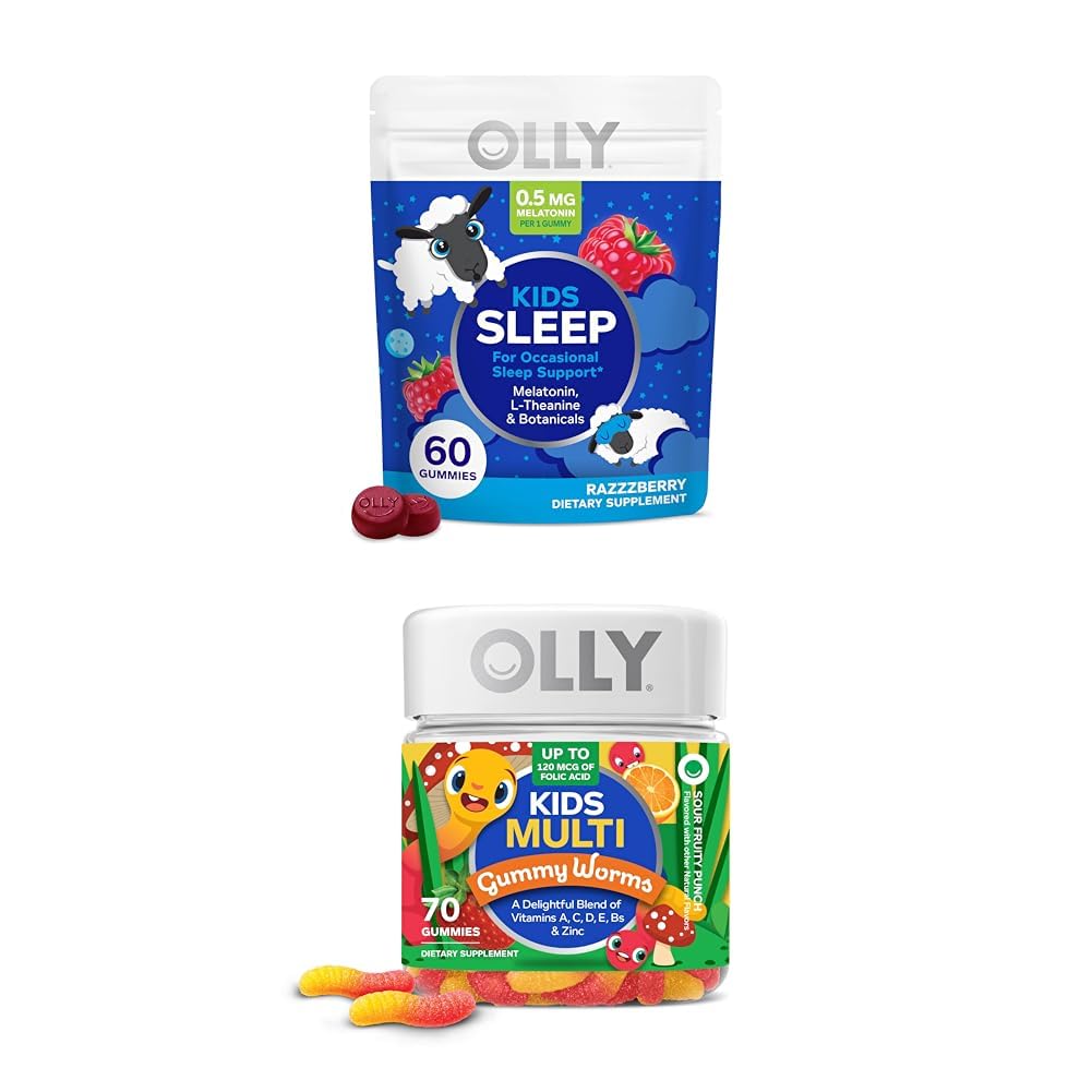 OLLY Kids Sleep Gummy, Melatonin, L Theanine, Camomilla, 60 Count and Kids Multivitamin Gummy Worms, Vitamine A C D E Bs Zinc, 70 Count