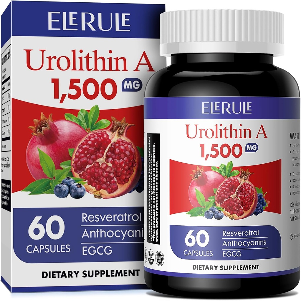 Urolitina A Supplemento 1000 mg Plus Trans-Resveratrolo, Anthocyanins, Tè verde, Promoting Aging sano, Supporta cellulare ed energia per gli uomini e le donne, 60 capsule-61