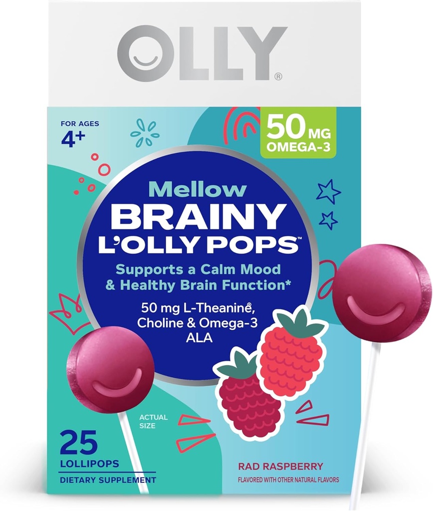 OLLY Mellow Buddies L’OLLY Pops, L-teanina, Choline, Omega-3 ALA, Bambini 4+ Supplemento dietetico Lollipops, Supporta una funzione calma mood & sana del cervello, * Vegan, Raspberry aromatizzato, 25 conte