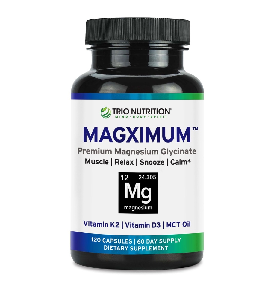 Trio Nutrition MagX Magnesium Glycinate, Vitamina D3, Vitamina K2 & MCT olio | Magnesio Chelato Supplemento | Calma, Rilassamento & Recupero | Be Well Rested & Start Your Day with Magximum