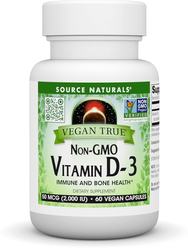 Sorgente Naturals Vegan True, Non OGM Vitamin D-3, Integratore alimentare per Immune e Bone Salute*, 2000 IU - 60 capsule