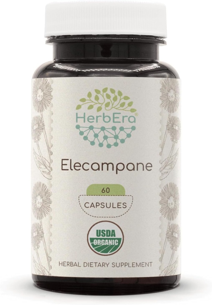 HerbEra Elecampane 60 USDA capsule organiche, 500 mg, Made con Elecampane (Inula Helenium) radice secca (60 capsule)