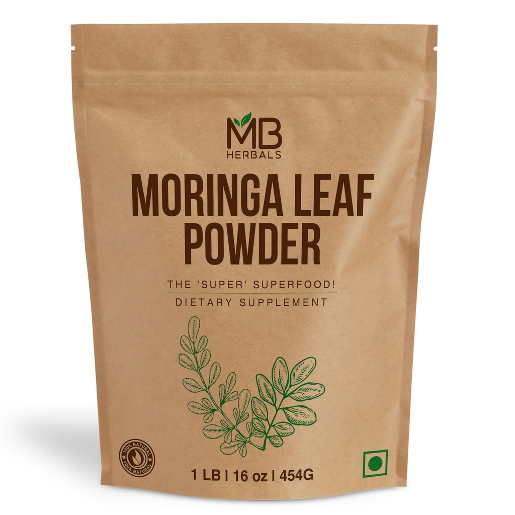 Polvere di Foglia di Moringa 1 lb / 16 oz (454 Gram) | Polvere di Moringa pura al 100% | Miscela facilmente in Bevande & Smoothies | No Preservatives