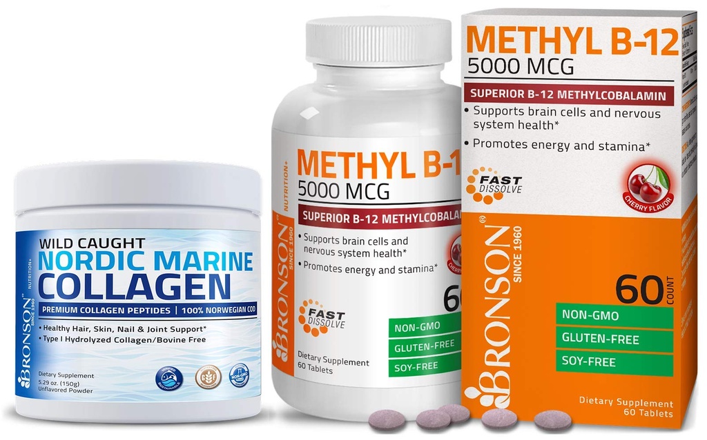 Bronson Marine Collagen Peptides idrolizzato Protein Powder + Methyl B12 5000 mcg Vitamina B12 Methylcobalamin