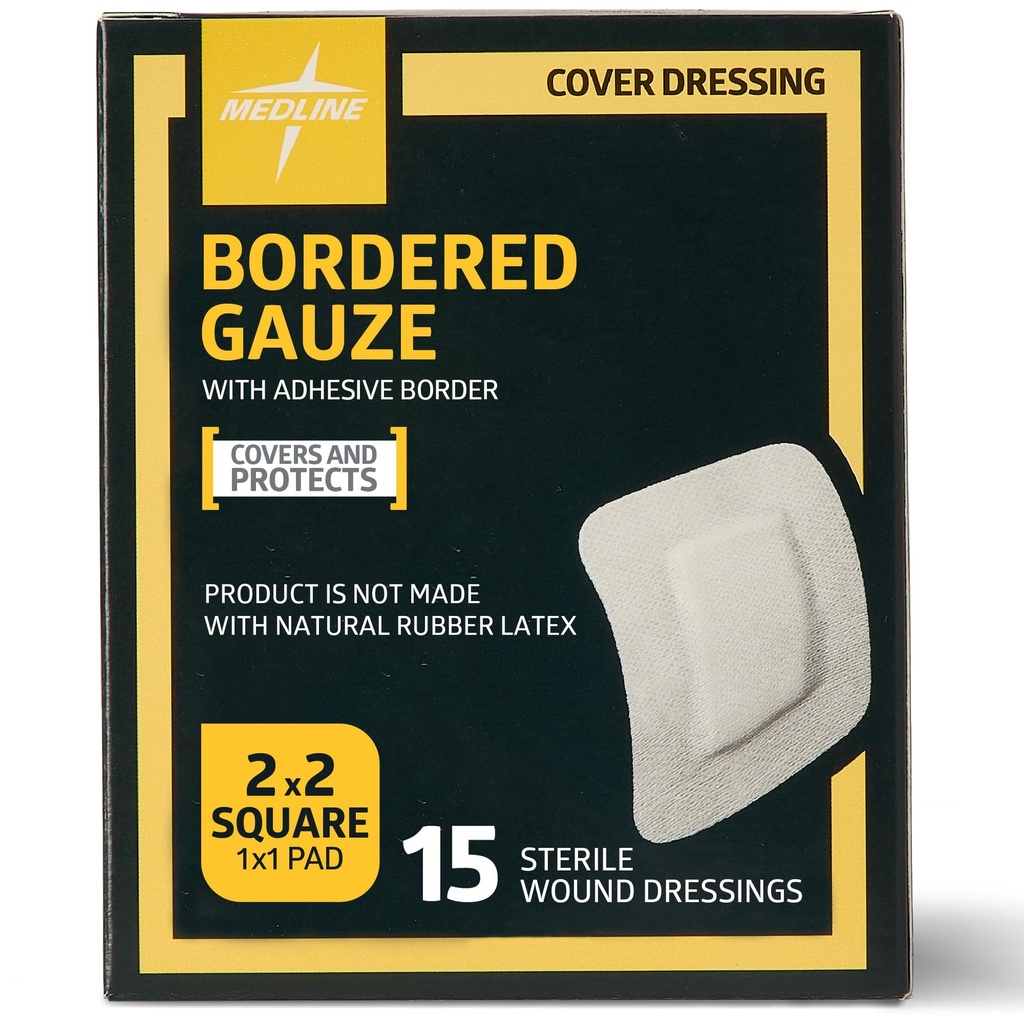 Medline Bordered Gauze, 2" x 2" Adhesive Island Wound Dressing, Sterile, 15 Conte