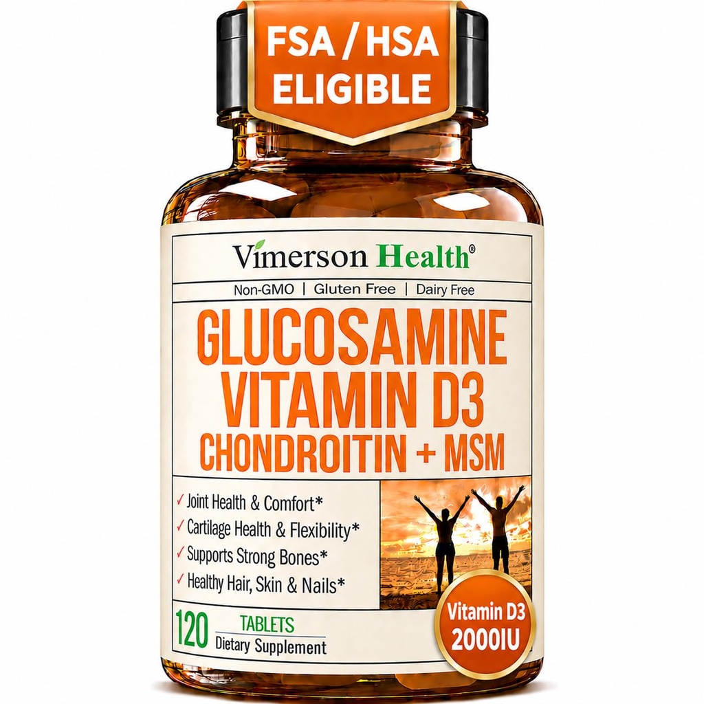 Glucosamina Condroitina con Vitamina D3 2000IU – FSA Integratori Comuni Idonei per Uomini e Donne – Salute Congiunta, Pelle Capelli, Salute e Comfort con MSM, Vit D, Bromelain & Boswellia – 120 Tab