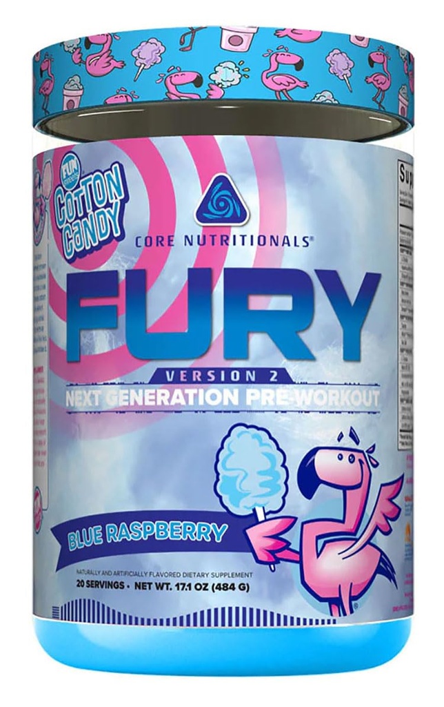 Fury V2: Polvere pre-allenamento per massimizzare le prestazioni in Gym W/Zum-XR® Caffeina, L-CItrulina e Alpha GPC (40 Scoops) (Fun SweetsTM Blue Raspberry)