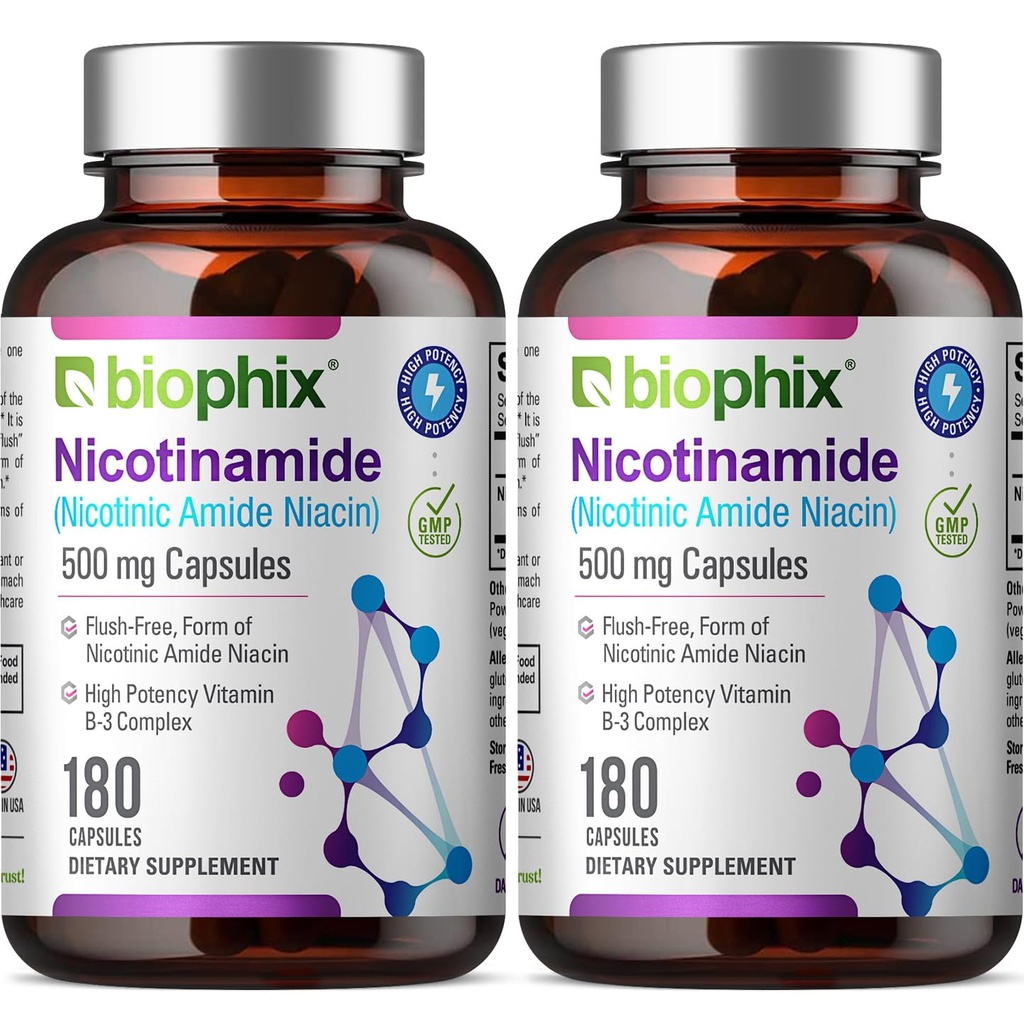 biophix B-3 Nicotinamide 500 mg 180 Caps 2 Pack - Nicotinic Amide Niacin Natural Flush-Free Vitamin Formula - Supporta la salute delle cellule della pelle