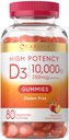 Carlyle Vitamin D3 10000iu Gummies per adulti | 80 Count | Peach Gummy aromatizzato | Alta potenza per le donne e gli uomini | Vegetariano, Non OGM, Gluten Free Supplement