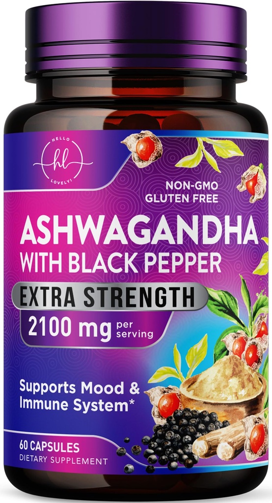 Ashwagandha 2,100 mg - Ashwagandha Supplementi per le donne in capsule vegetali con estratto di polvere e radice, pepe nero per alto assorbimento, a base di piante, non OGM, in bottiglia negli Stati Uniti - 60 capsule vegetali
