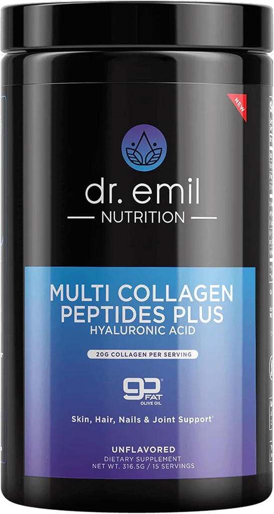 DR. EMIL NUTRITION Multi Collagen Peptides Polvere - 20g di polvere di proteine di collagene non aromatizzata con acido ialuronico per capelli, pelle, unghie e giunti - 15 porzioni
