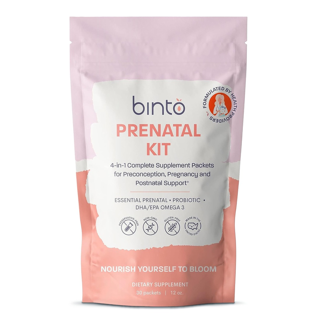 Kit Prenatale Binto - Supplementi 4-in-1 per mamma sana e bambino - Alimentazione 30 giorni - Multivitamina, Probiotici, Ferro da stiro, DHA, Folato e Acido Folico - Non-GMO, Senza Glutine, Vegetariano