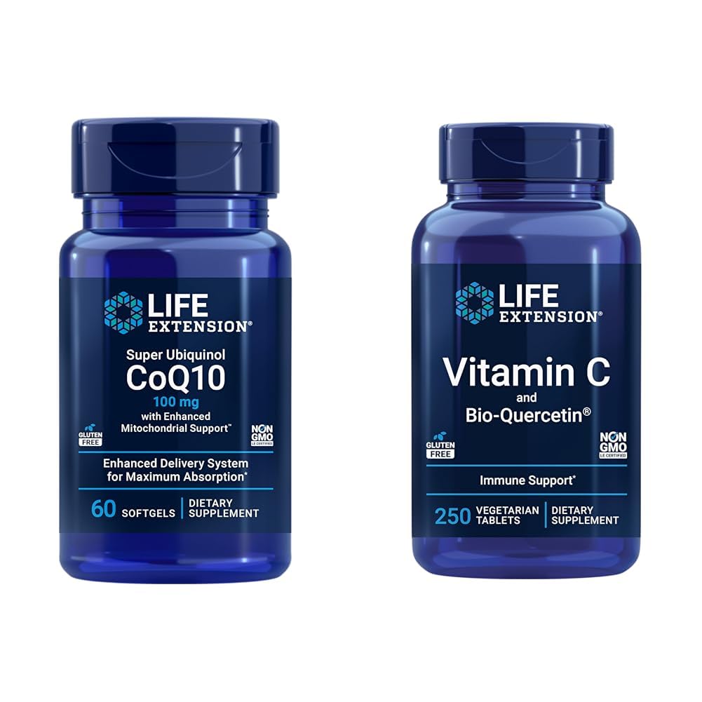 Estensione della vita Super Ubiquinol CoQ10 60 Softgels e Vitamina C & Bio-Quercetin Phytosome 250 compresse Bundle per cuore, energia cellulare, Immune & Assistenza sanitaria globale