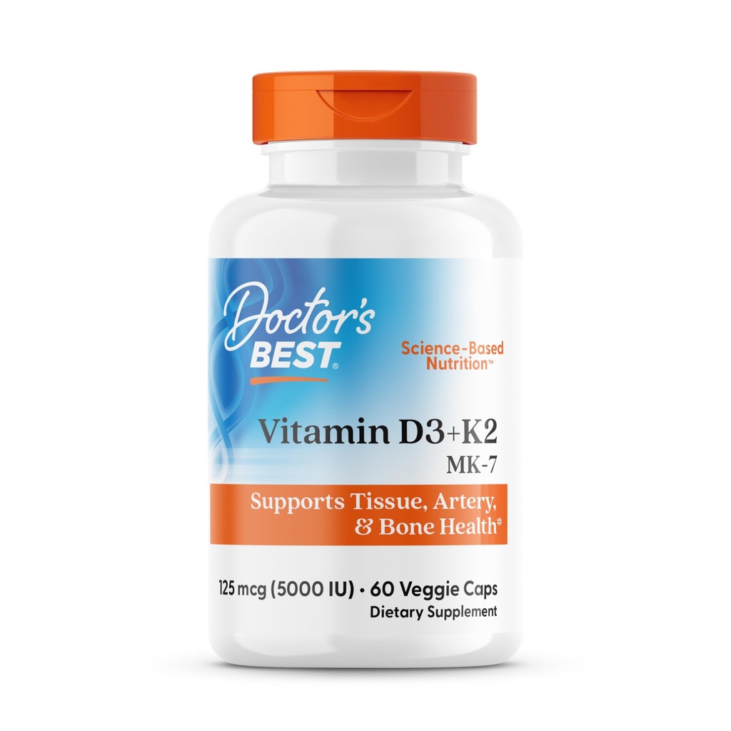 Migliore vitamina D3 + K2 del medico (Vitamin K2 come MK-7), Supporta Bone, Tissue, & Arterial Health, Assorbimento di calcio • Non-OGM • Gluten Free • Vegetariano, 5000 IU, 60 Caps Veggie