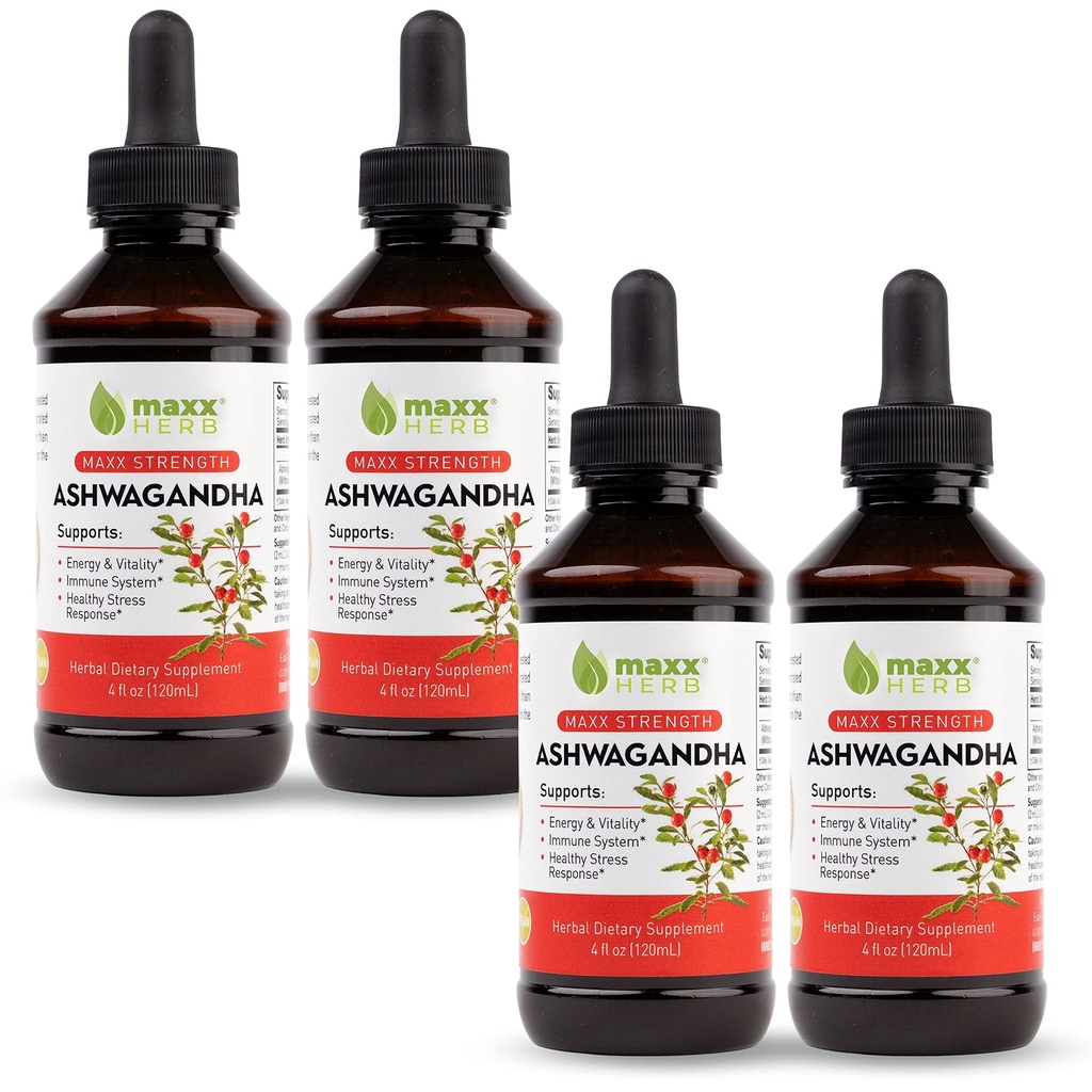 Estratto di Ashwagandha Maxx Herb – Assorbenti di tintura liquida di massima resistenza Meglio di capsule o polvere - per la Stamina, la Memoria e il supporto immunitario – 4 bottiglie, 4 Oz Ogni (240 Serve)