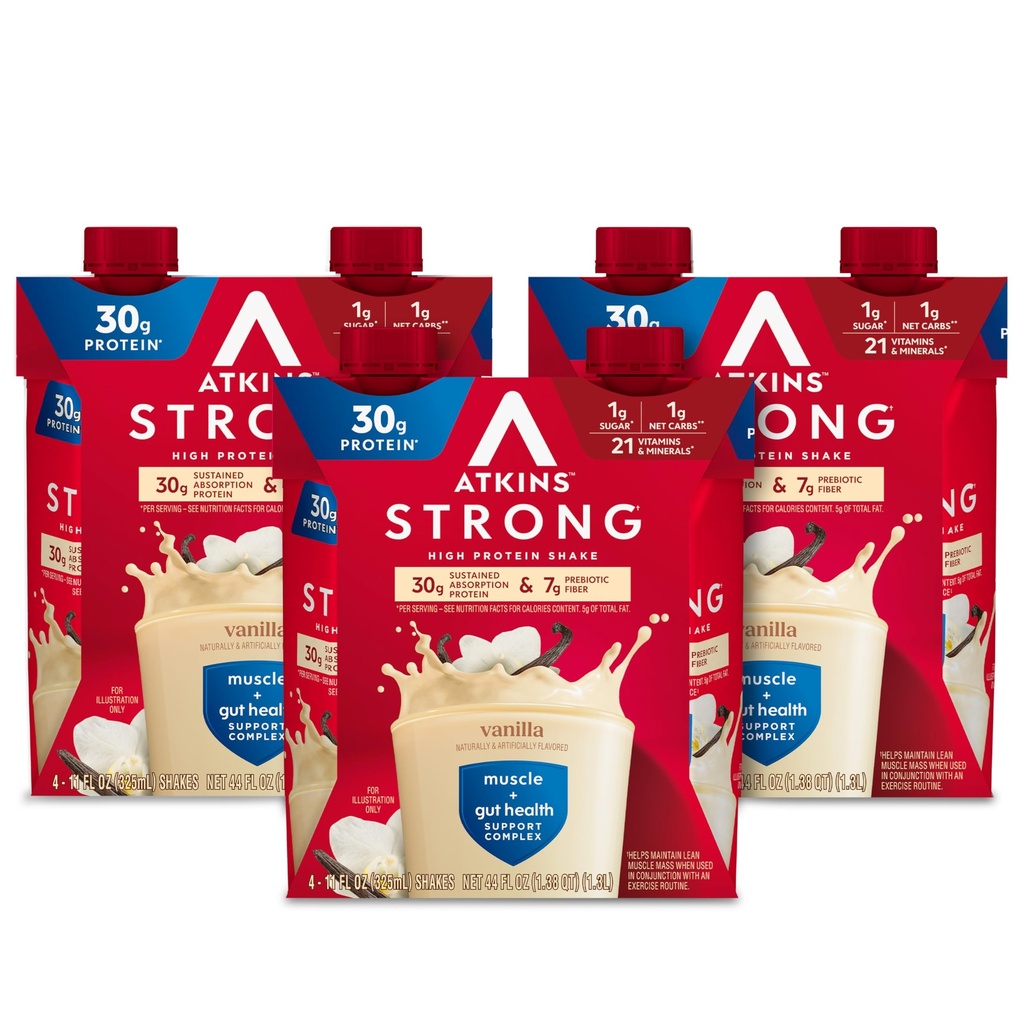 Atkins forte alta proteina Shake, Vanilla aromaed, 30g Protein, basso Carb e basso zucchero Shake, Keto Friendly, Gluten Free, Muscle and Gut Health Support Complex, 12 conte