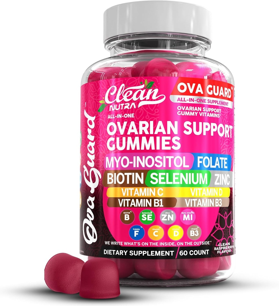 Clean Nutraceuticals Ovarian Health Support | Myo-Inositol & D-Chiro Inositol Gummies | Folate Selenium Zinc Vitamin C D B1 B3 Maca Root Choline Bitartrate Sting Nettle N Acetyl Cysteine Clean