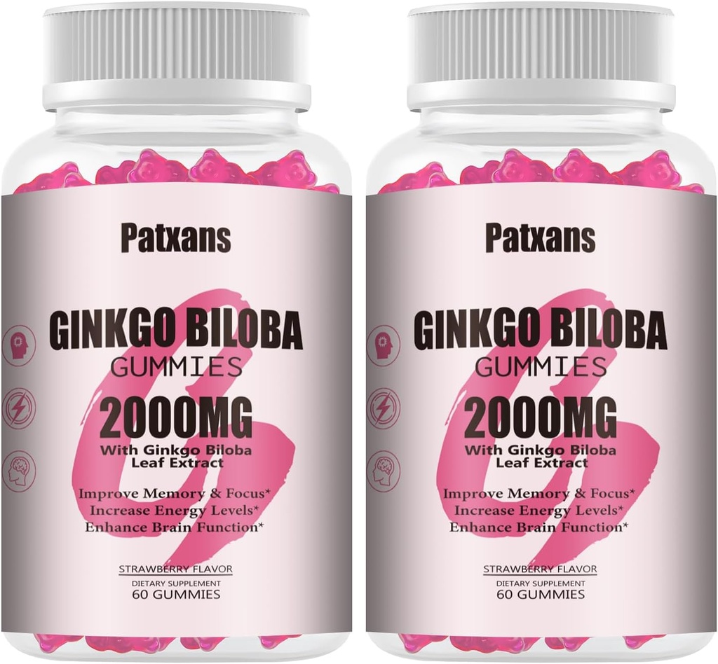 2 Pacchetti 2000mg Ginkgo Biloba Gummies - Ginkgo Biloba Integratori per il sostegno della salute del cervello, migliorare l'umore e la messa a fuoco, energia, adulto, aroma di fragola, 120 Conte