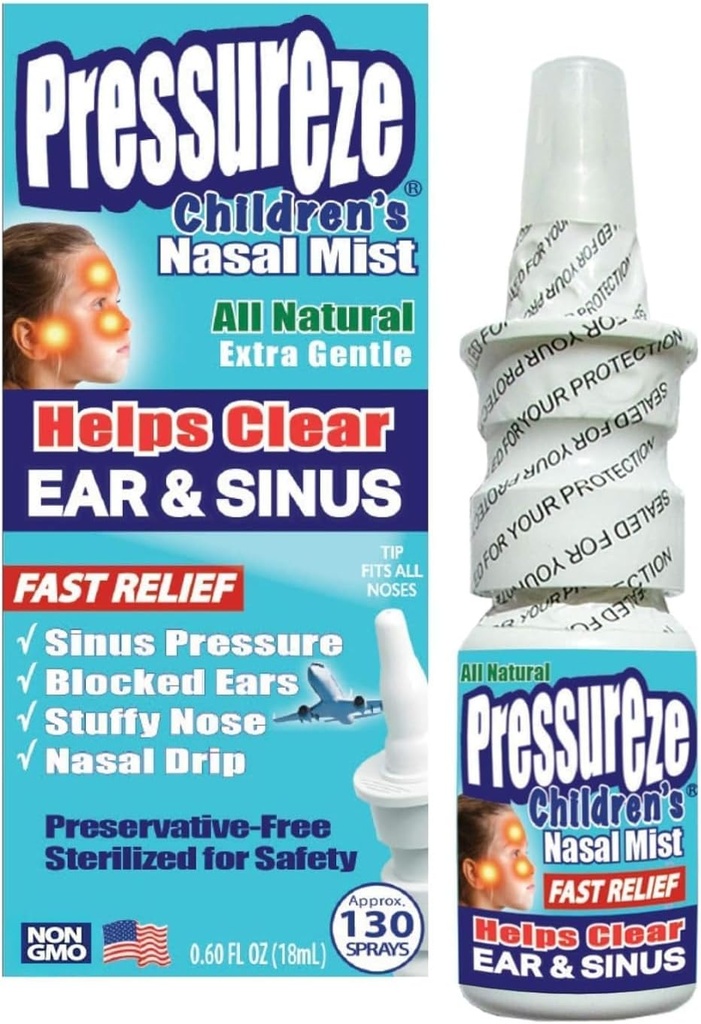 Pressureze All Natural Preservative-Free Sterile Nasal Spray per Bambini - Fast Relief Nasal Spray - per Sinus Allergies & Congestion | 130 Spray, 18 ml