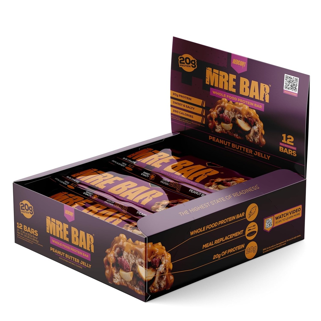 REDCON1 MRE Protein Bar, Peanut Butter Jelly - Contiene olio MCT + 20g di Whole Food Protein - Facilmente Digestibile, Macro Balanced Low Sugar Meal Sostituzione Bar (12 bar)