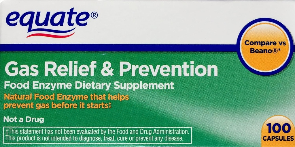 Equate Gas Relief & Prevention Food Enzyme Integratore alimentare, 100ct, Confronta Beano