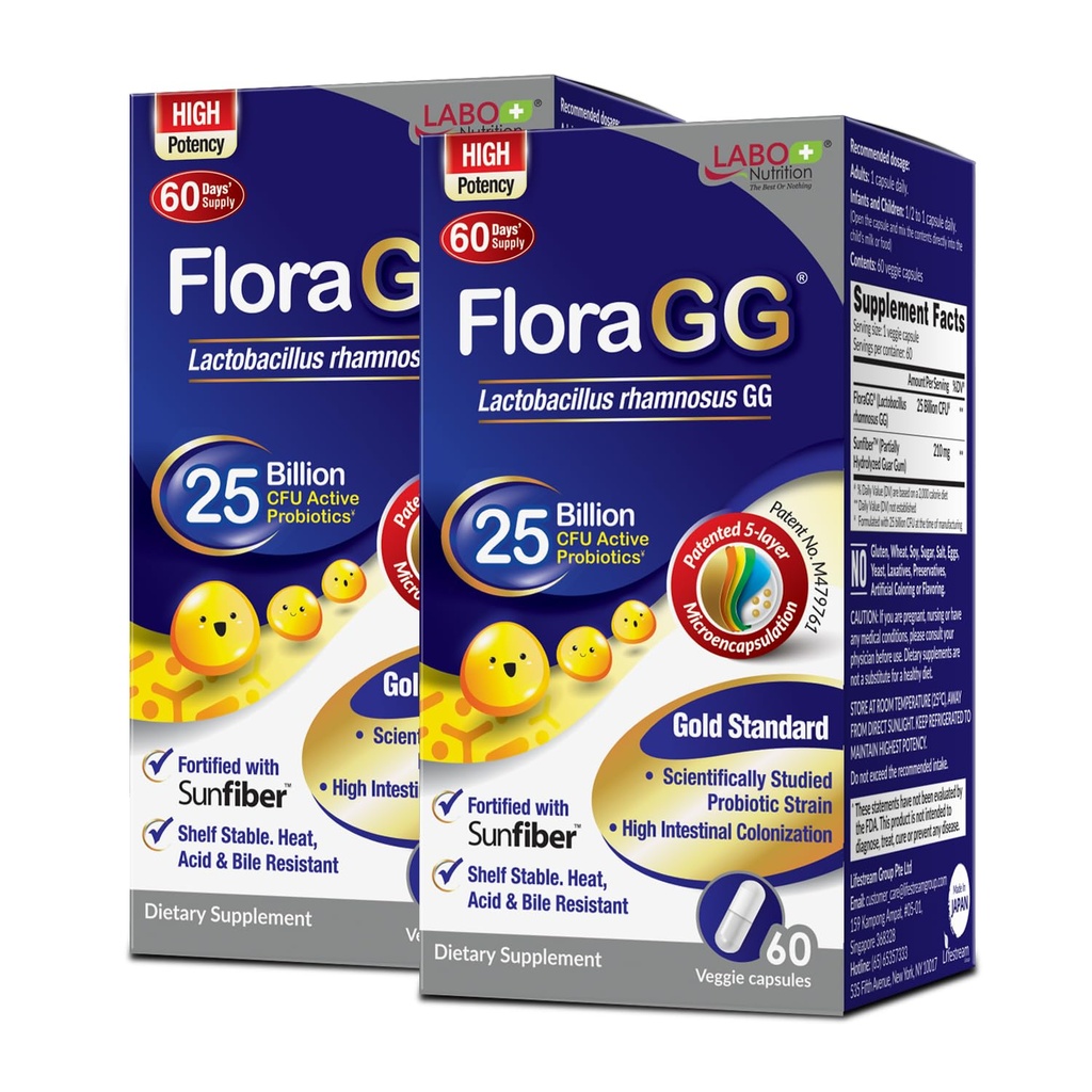 LABO Nutrition FloraGG, Lactobacillus Rhamnosus GG 25 miliardi di CFU Probiotici attivi & Sunfiber Prebiotic Fiber Supplement, Support Healthy Intestinal, Immune Health Delayed Release & Gluten Free 60sx2