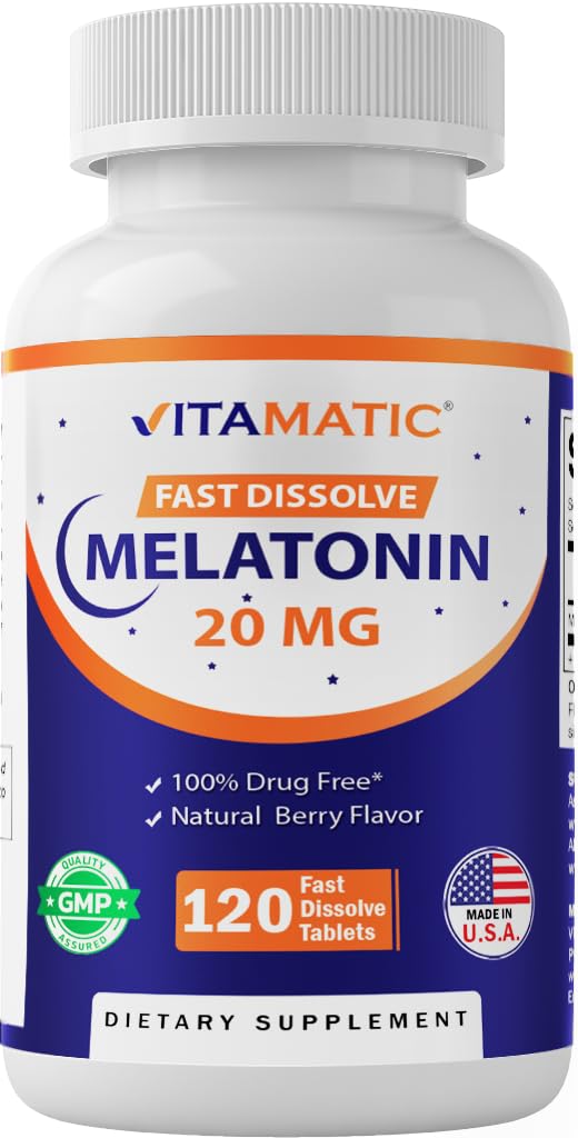 Vitamatic Melatonina 20 mg per il supporto del sonno | Vegetariano, Non OGM, Gluten Free | HIGH Potency 20 MG | Natural Berry Flavor 120 compresse dissolve veloci