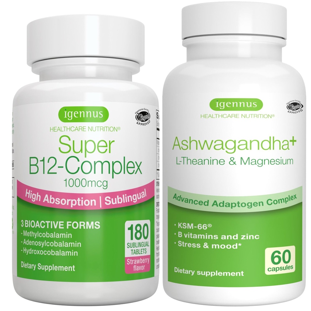 Super B12-Complex 1000mcg + Avanzato Ashwagandha KSM-66, L-teanina & Magnesio Bundle, Alto assorbimento Sublingual Vitamin B12 + Multi Action Adaptogen Complex, di Igennus