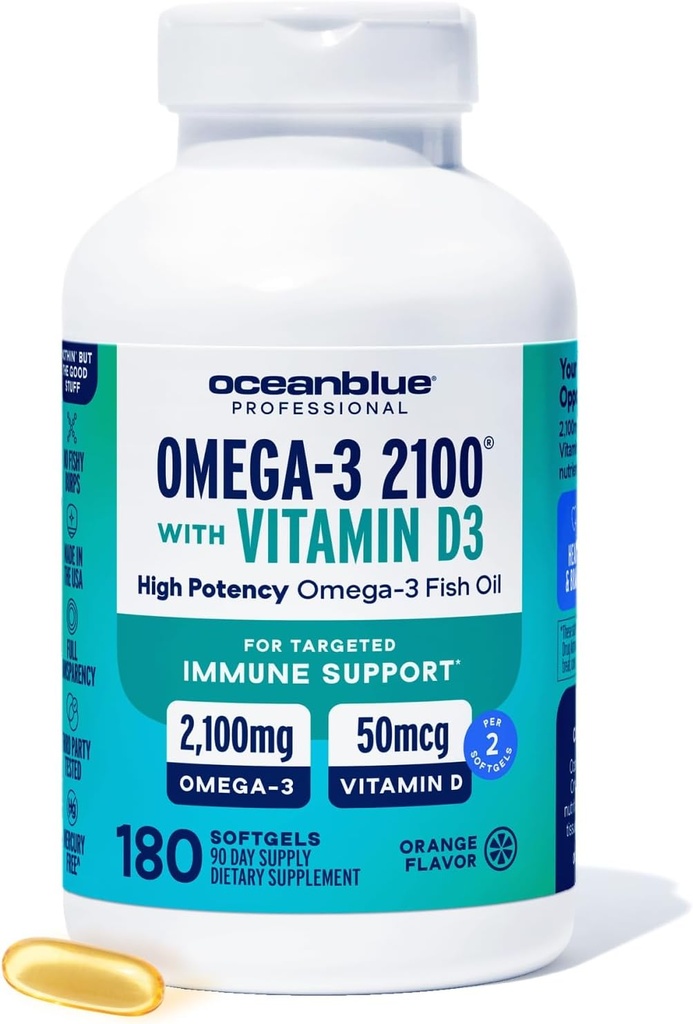 Oceanblue Professional Fish Oil con vitamina D3 | Triple Strength 2100mg Omega 3 DPA EPA DHA | Wild Caught | Burpless Orange Flavor, 90 Servings (180 Count)
