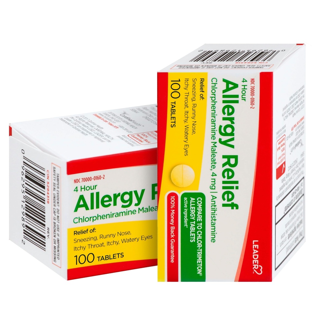 Leader 4 ore Allergy Relief, Chlorpheniramine Maleate Tablets, Antistamina, 4 mg, 100 Conte, Confezione da 2