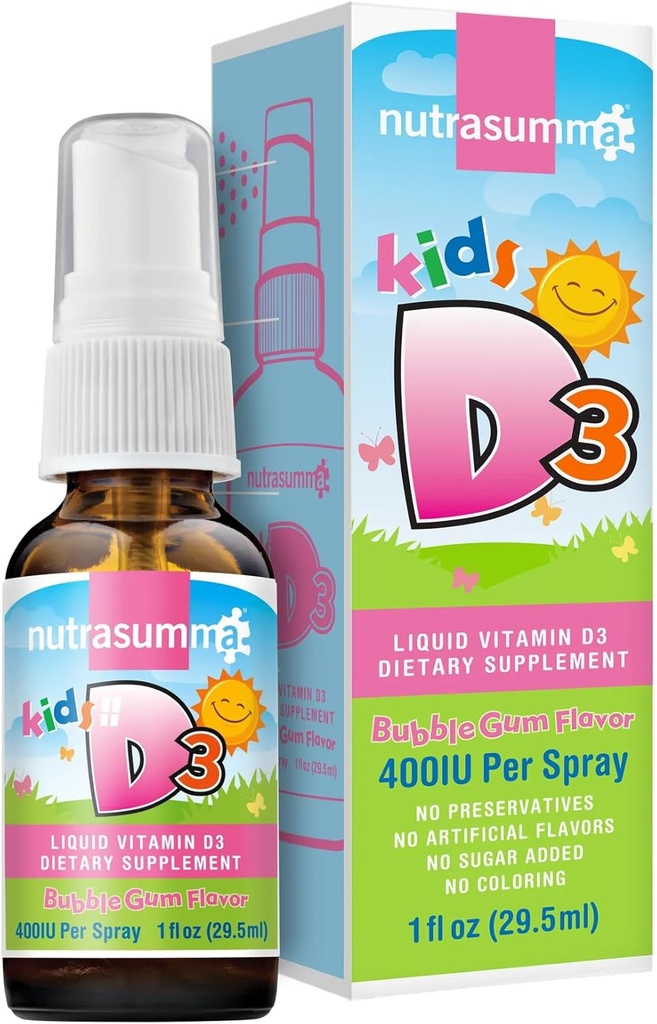 Nutrasumma Kids Vitamina D3 400 IU Spray Bubble Gum Flavor-1oz- naturalmente alto tasso di assorbimento Supporta Bone Boosts Sistema immunitario Vitamina Supplemento