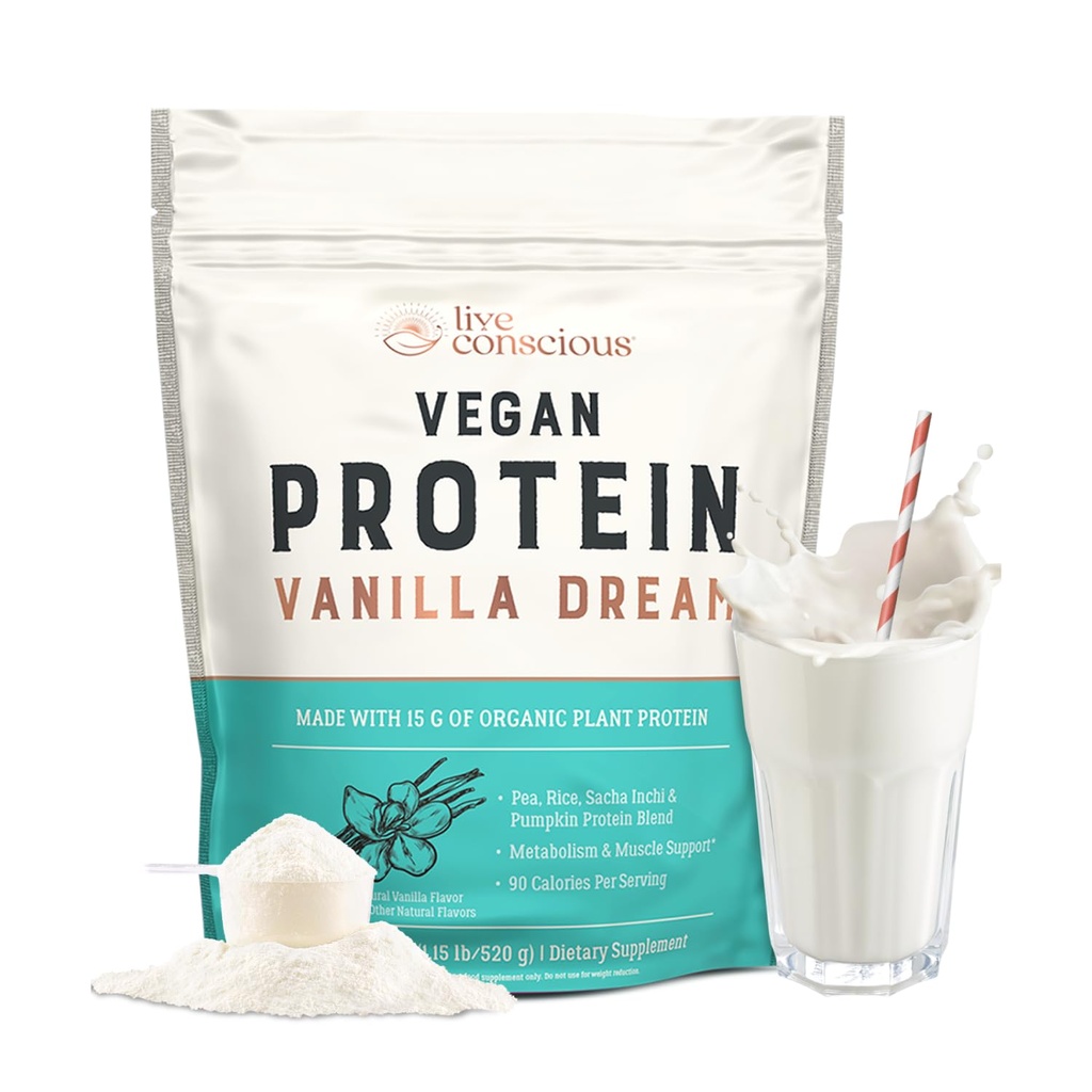 Polvere di proteine di pea vegana consapevole dal vivo - Vanilla Dream Flavor | Miscela proteica vegana basata sulle piante - Pea, Riso marrone, Zucca, Sacha Inchi | 20 Servings 18 oz