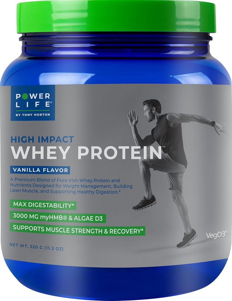 POWERLIFE Tony Horton Erba ad alto impatto Fed Whey Protein con 3000 MG di HMB, Senza zucchero Aggiunto, Non OGM, Ormone e Antibiotico Libero, 15 Serve (Vanilla)