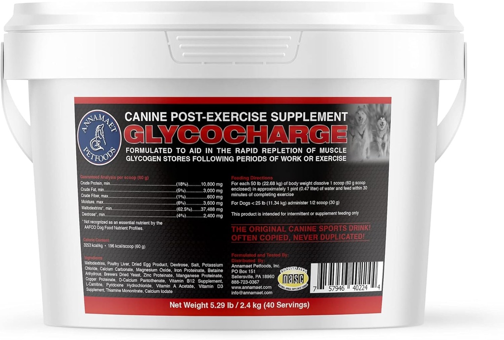 Annamaet Glycocharge – Post-Exercise Supplemento per Atleti Canini e Cani di Lavoro – con Maltodextrins per aiutare a reintegrare il glicogeno muscolare per il recupero più veloce - 2.4 kg