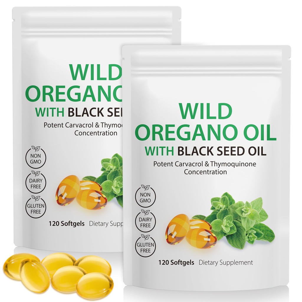 Olio di origano Softgels 6000mg Per Serving 240 Count | 2 in 1 Formulato con olio di semi neri 200mg, 4X Strength Carvacrol & Thymoquinone | Plant Based, Non-GMO & Immune Support