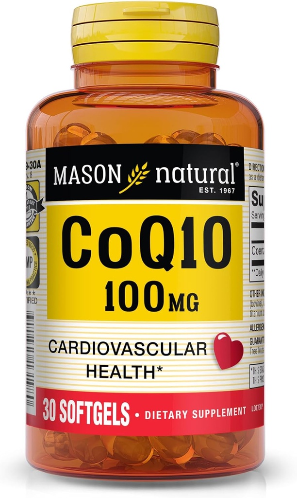 MASON NATURAL Co Q10 100 mg - Cuore sano e produzione di energia cellulare, Supporta la salute cardiovascolare, 30 Softgels