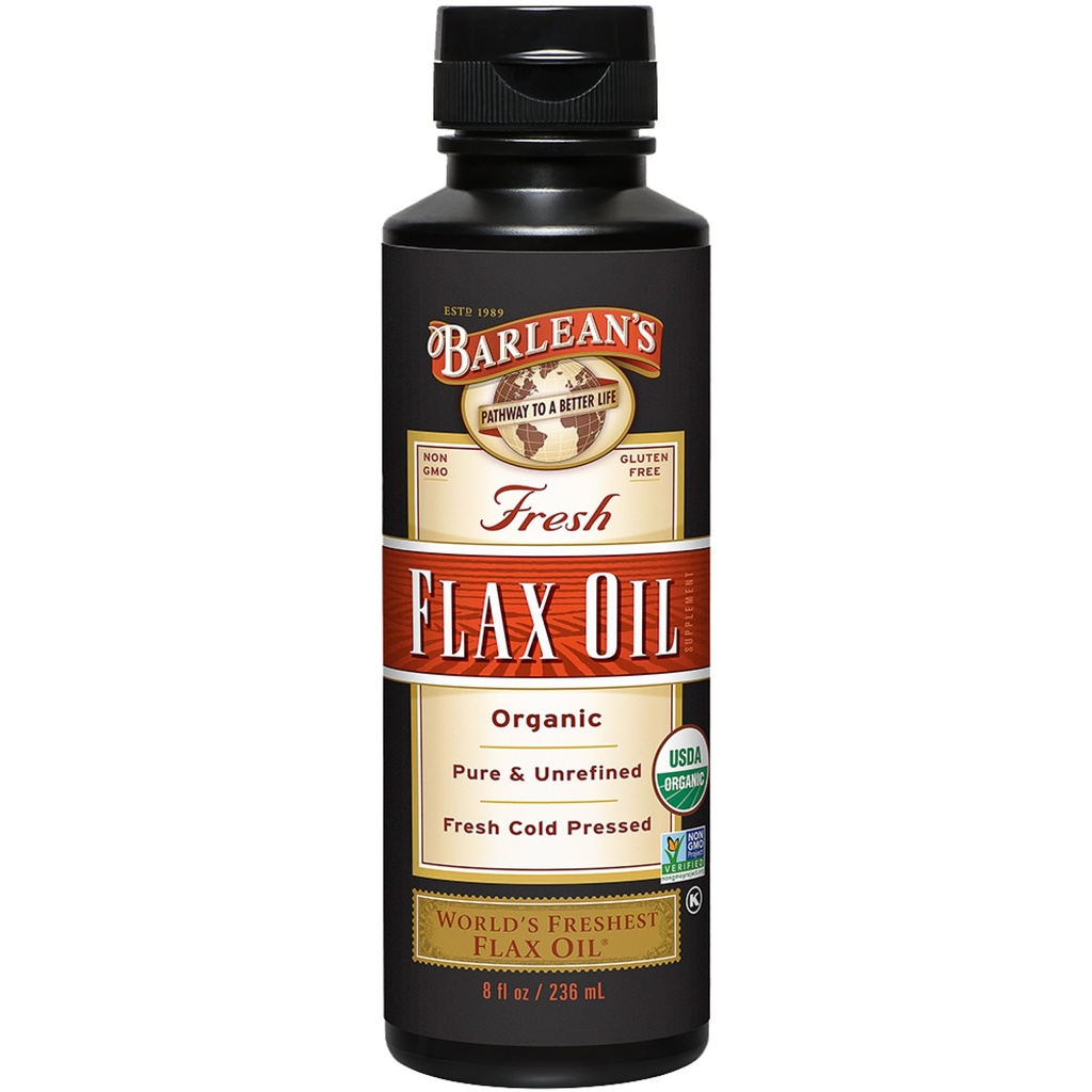 Liquido dell'olio di lino organico di Barlean da semi di lino pressato a freddo fresco, 7,640mg ALA Omega 3 Fatty Acid Supplemento per la pelle e la cura dei capelli, Vegan & Gluten Free, 8 oz