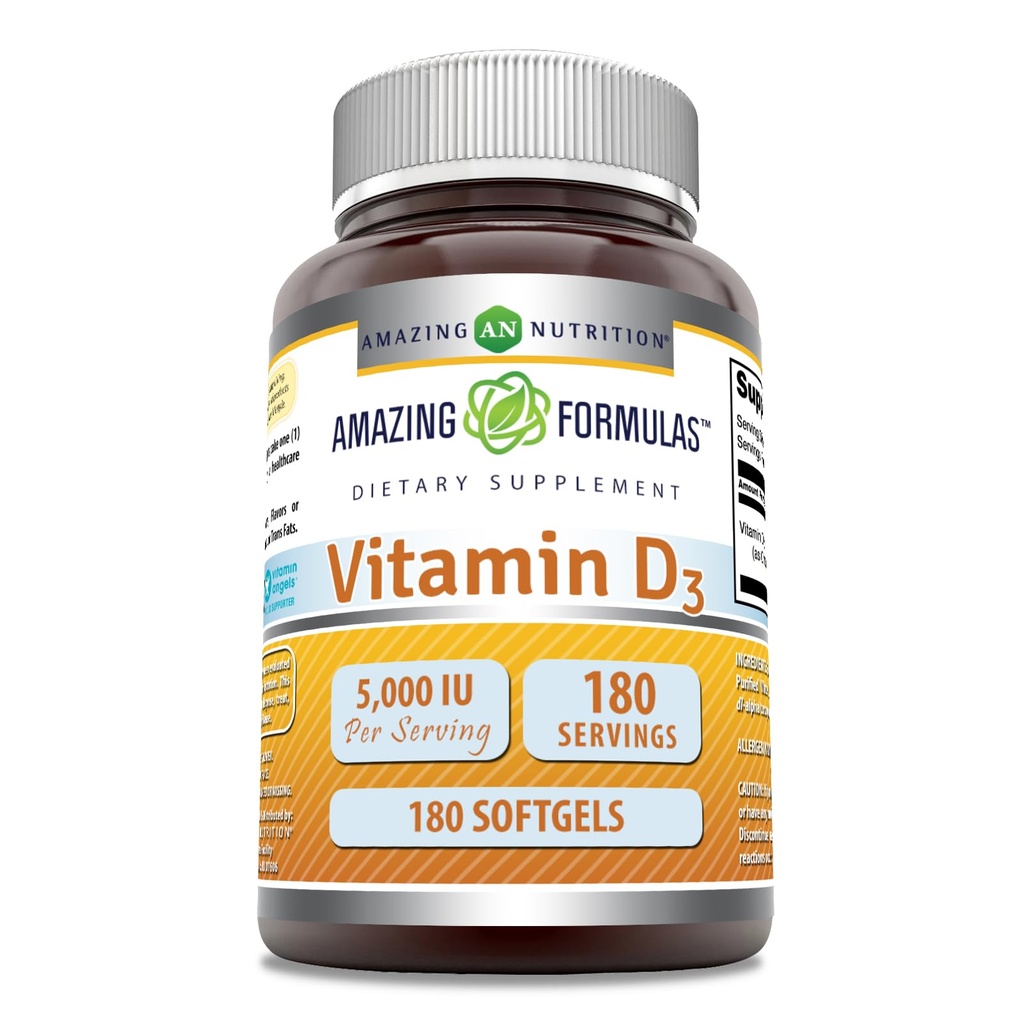 Stupefacente formula vitamina D3 (Cholecalciferol) Supplemento | 5000 IU per Serving | 180 Softgels | Non-GMO | Gluten-Free | Made in USA