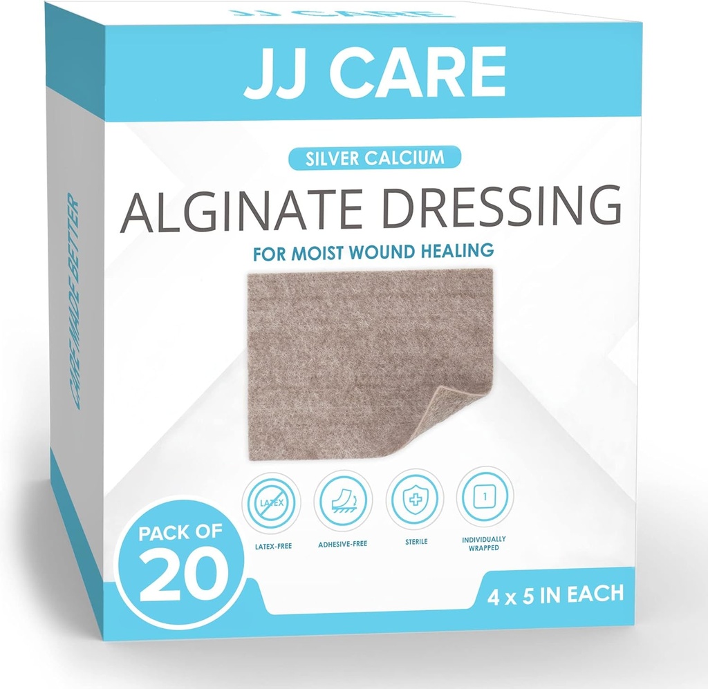 JJ CARE Silver Calcium Alginate Wound Dressing (pacchetto di 20) 4x5, Silver Alginate Wound Dressing Individualmente imballato, Altamente assorbente Bandages non aderitivo per la cura dei tessuti
