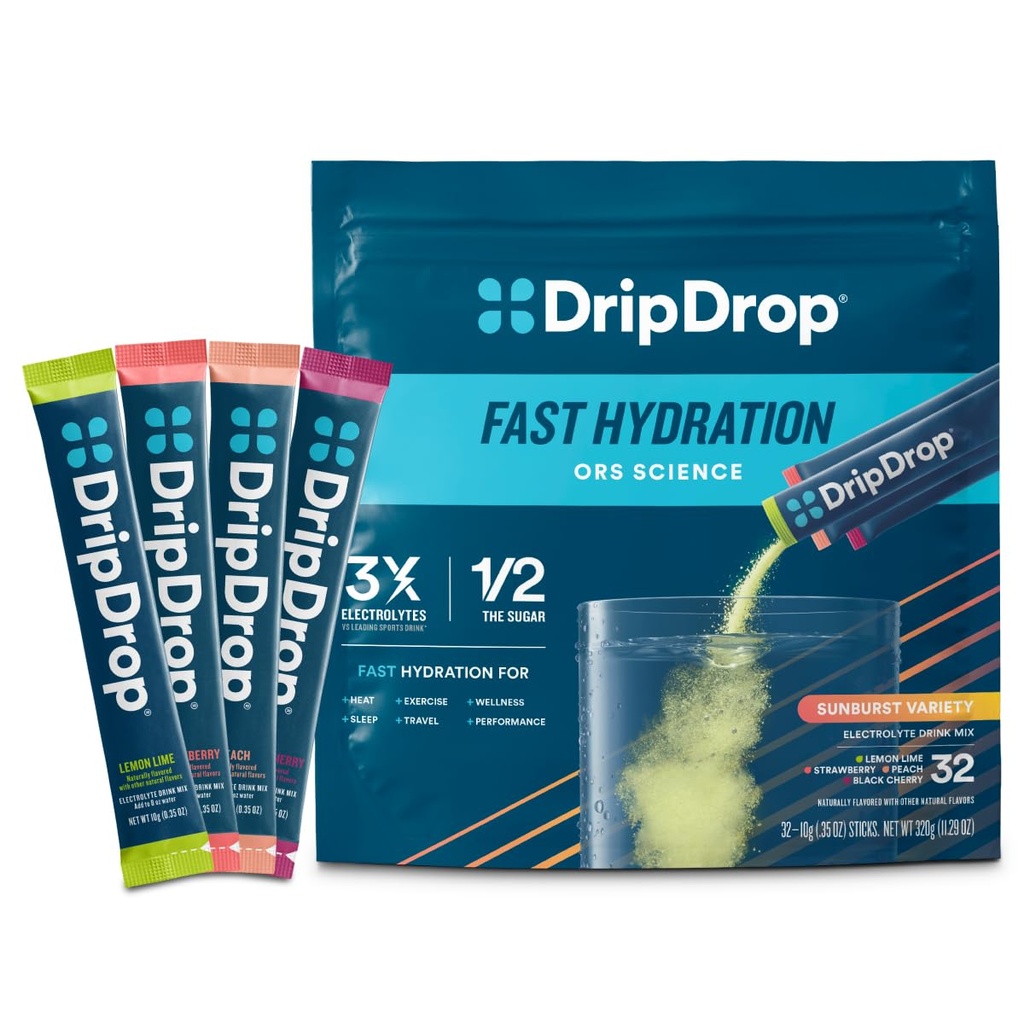 DripDrop Hydration Packets - Sunburst Variety Pack - Single Serve Electrolytes Powder Drink Mix - Lime limone, fragola, pesca, ciliegia nera - Non-GMO, senza glutine, Vegan - 32 Sticks