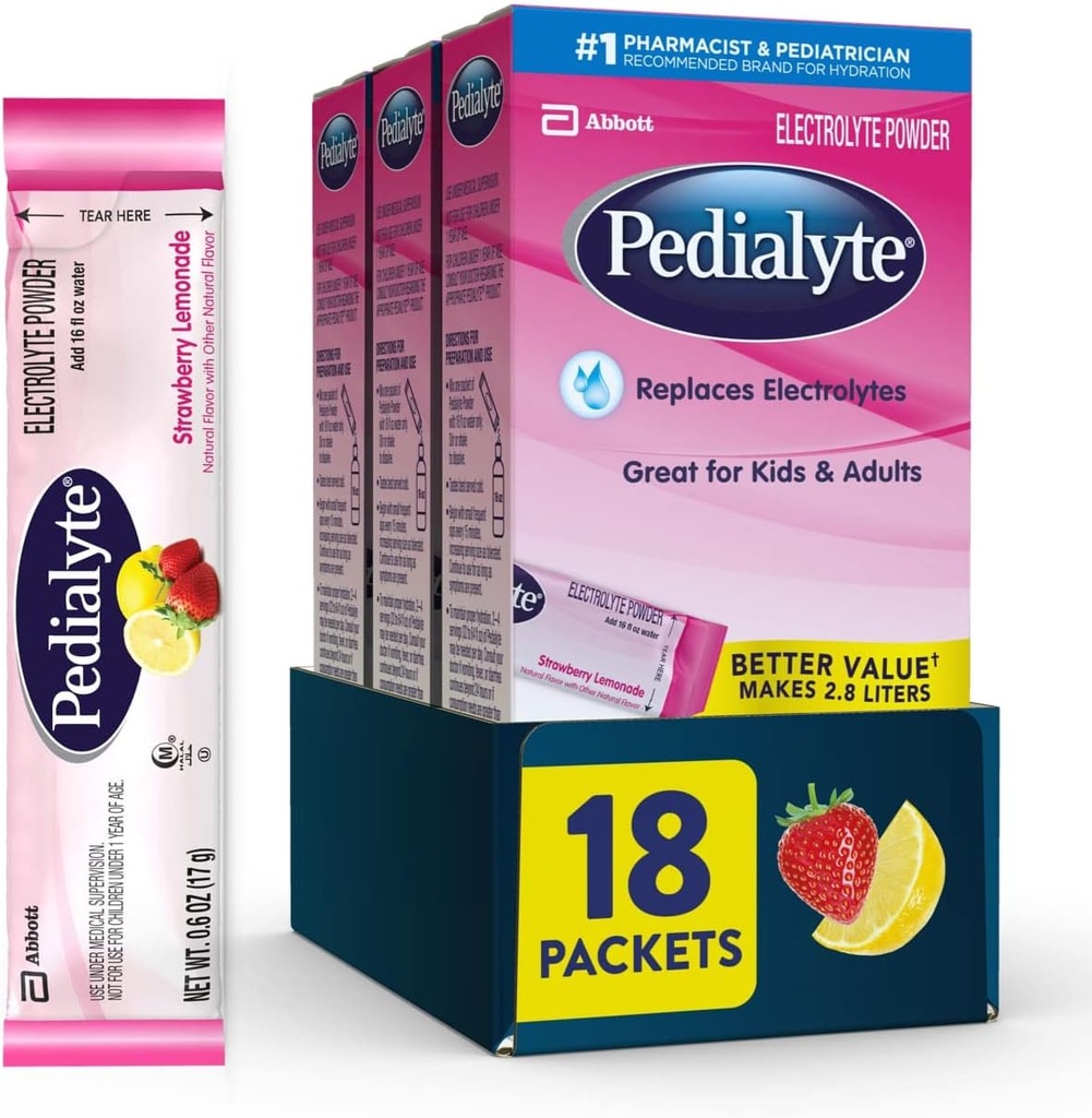 Pedialyte Electrolyte Powder Packets, Limonata di fragole, Bevanda di idratazione, 18 Confezioni di polvere da sparo